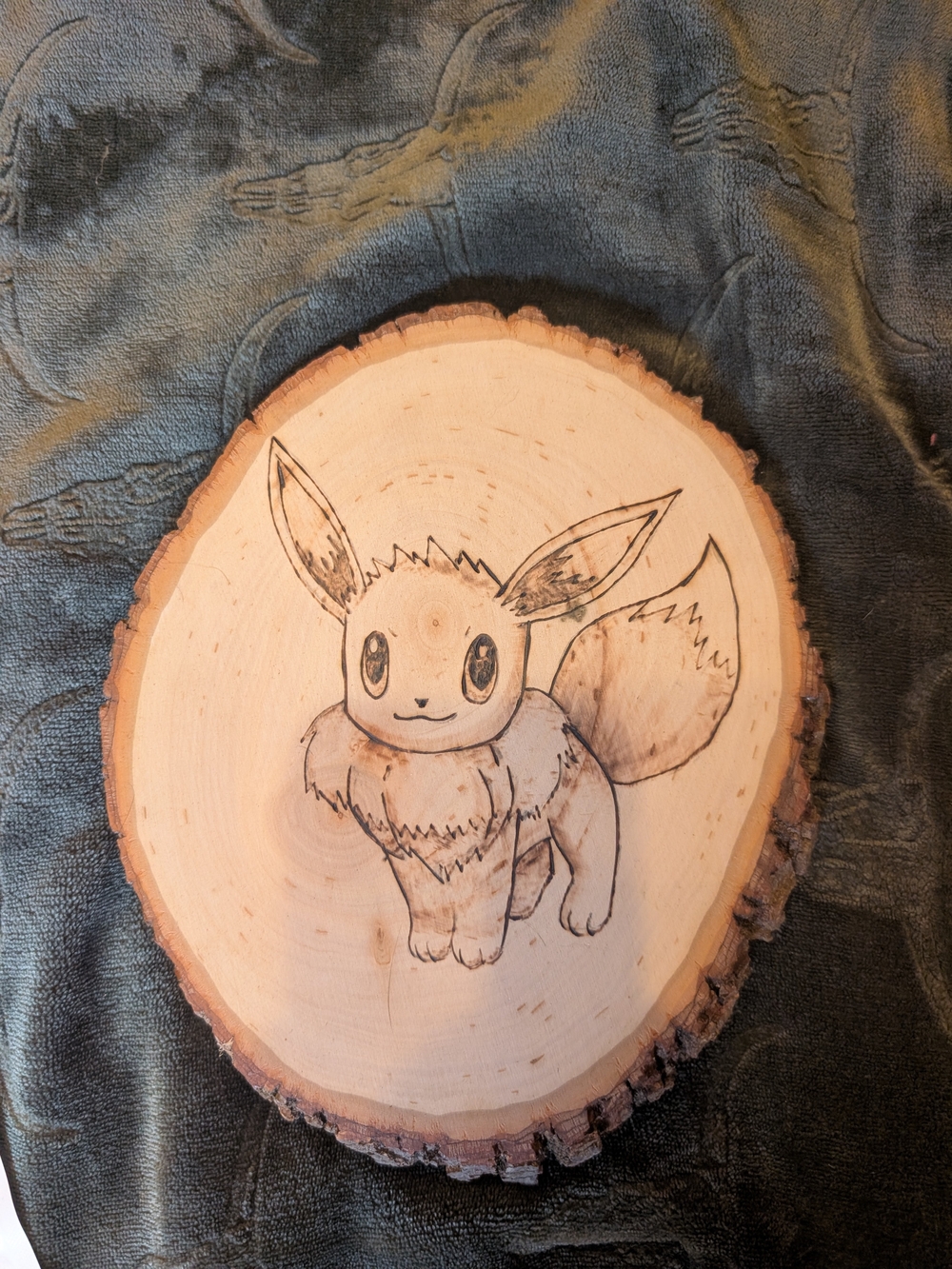 Hand-Burned Wood Slice in Natural Beige - Eevee Pokemon Wall Art